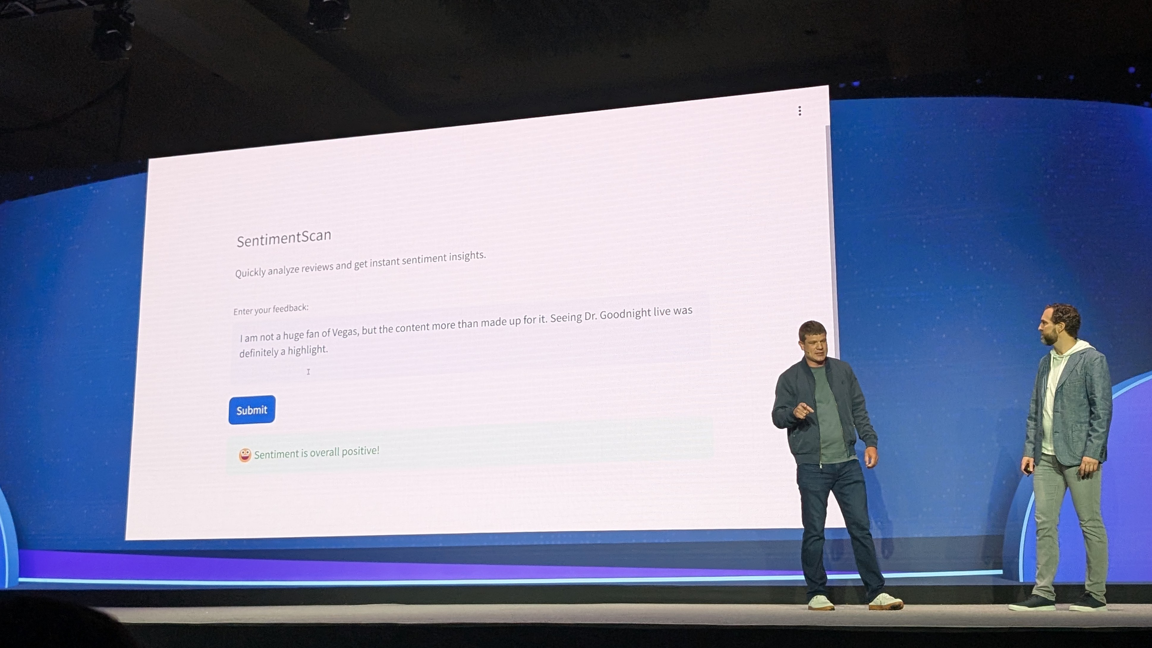 Joseph Henry, distinguished software developer at SAS, showing a demo of sentiment analysis in SAS Viya Workbench.