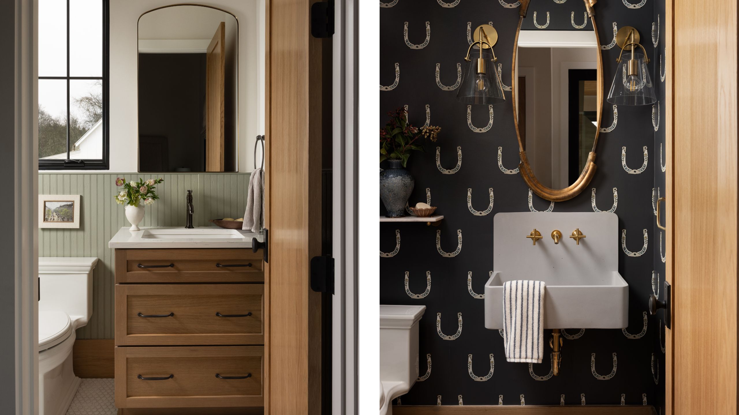 Side-by-side view of two bathrooms, showing a light green wainscoted vanity room on the left and a powder room with dark horseshoe wallpaper on the right.