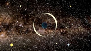 An artist's impression of a gravitational microlensing event by a free-floating planet.