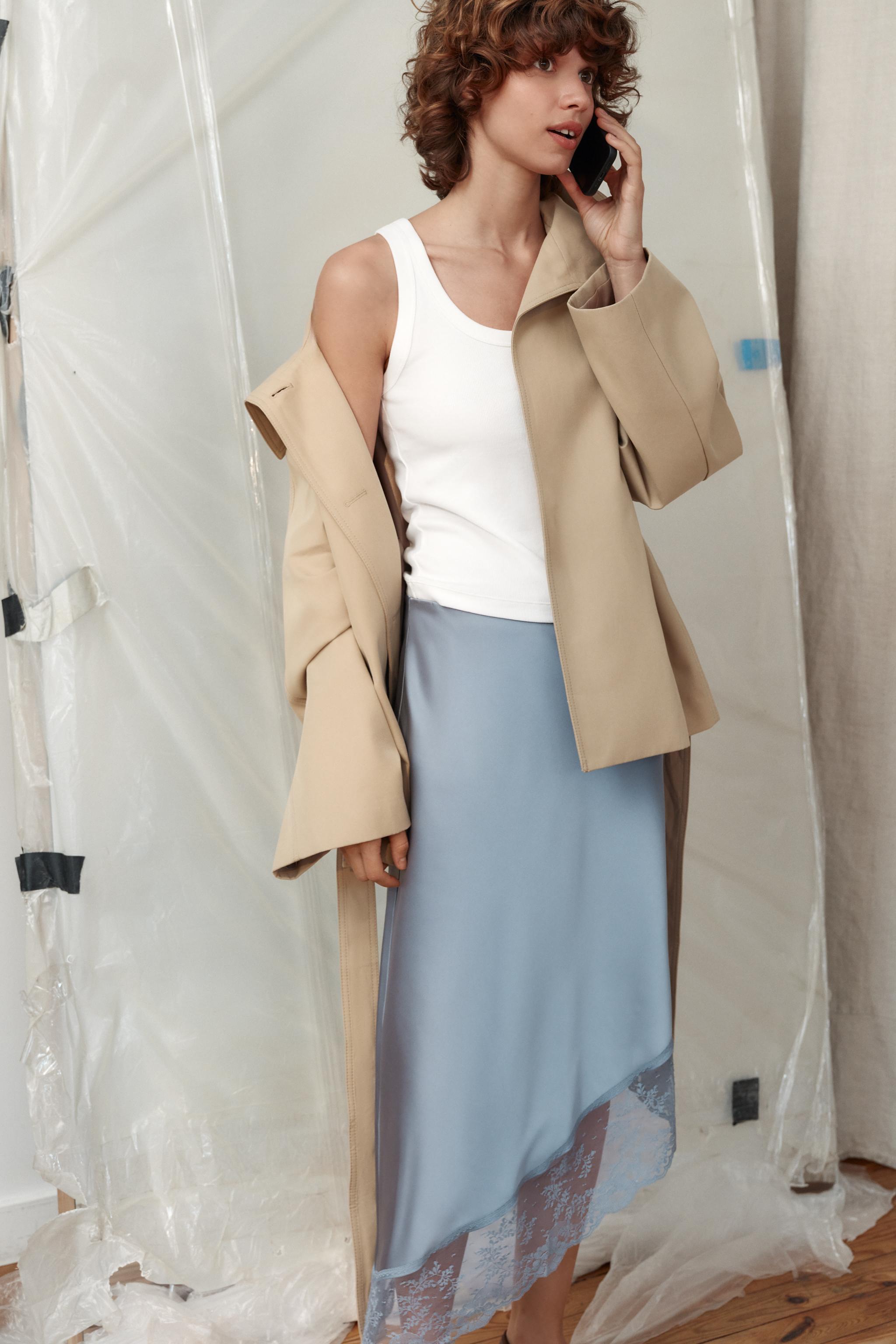 Satin Effect Midi Skirt With Asymmetric Hem and Lace