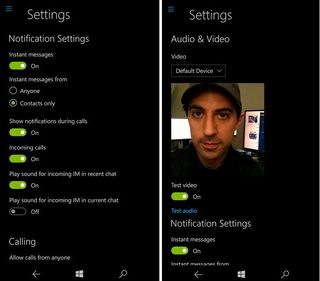 Old Skype setttings (L) versus new layout with video and mic options (R)