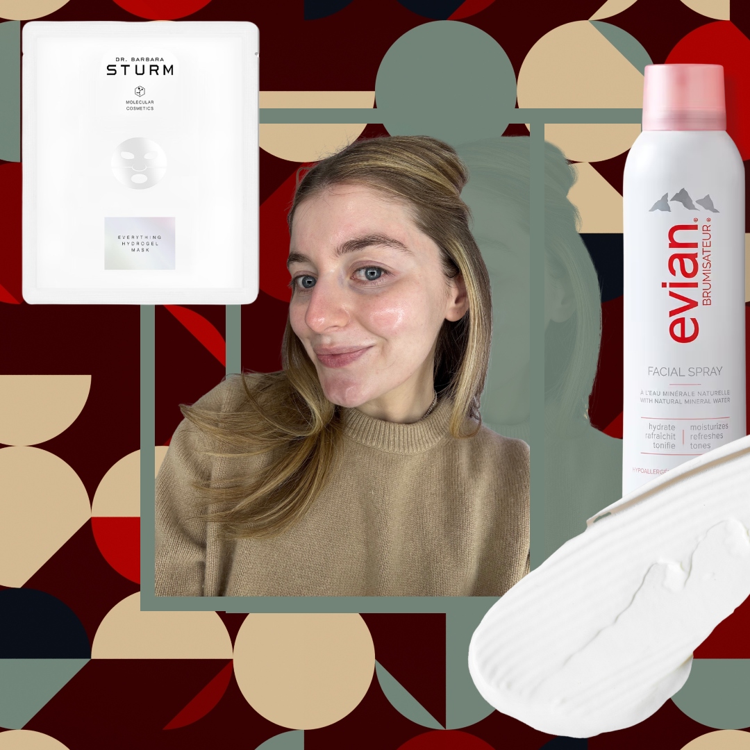 samantha holender next to a sturm face mask and evian facial spray 