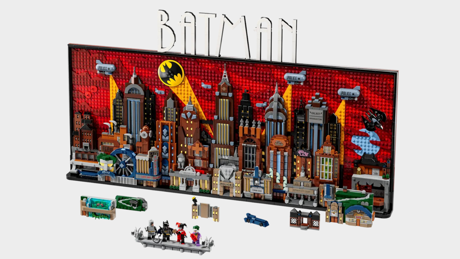 Lego Batman: The Animated Series Gotham City set and minifigures on a plain background