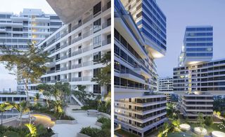 Ground level images of 'The Interlace' urban complex, surrounding shrubs, plants and trees, lit up areas shining lights into the walk path walkways, grey sky