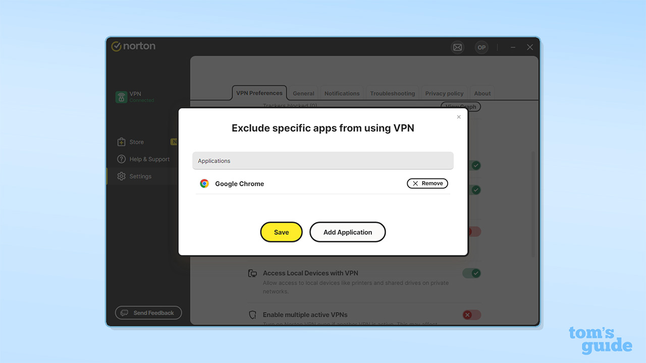 Screenshot of Norton VPN's split tunneling feature