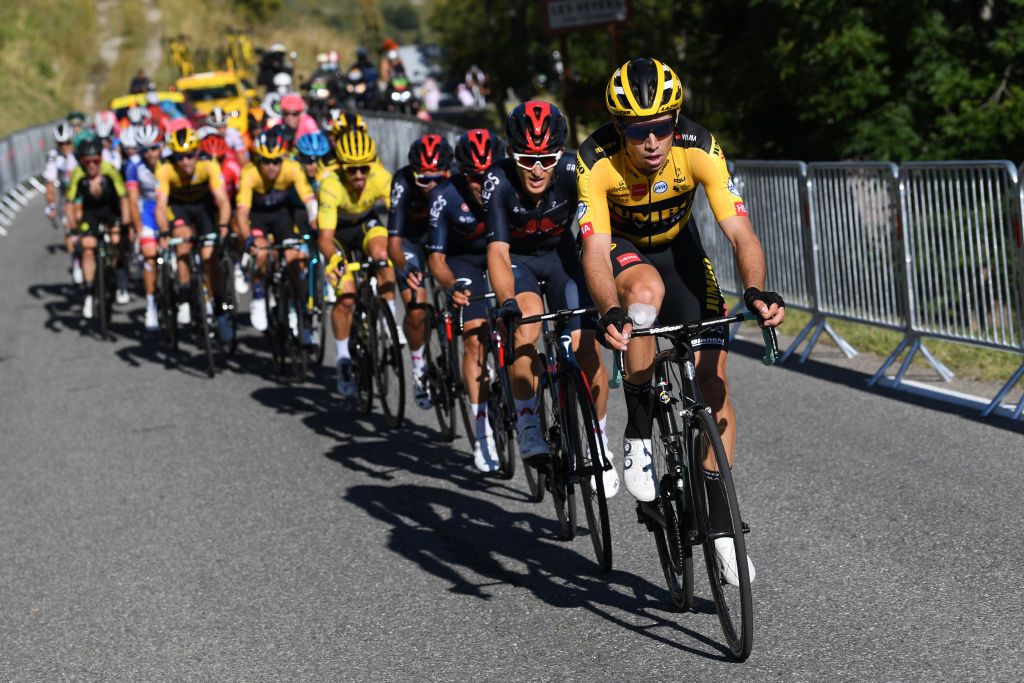 ORCIERES FRANCE SEPTEMBER 01 Wout Van Aert of Belgium and Team Jumbo Visma Michal Kwiatkowski of Poland and Team INEOS Grenadiers Jonathan Castroviejo of Spain and Team INEOS Grenadiers during the 107th Tour de France 2020 Stage 4 a 1605km stage from Sisteron to OrcieresMerlette 1825m TDF2020 LeTour on September 01 2020 in Orcieres France Photo by Tim de WaeleGetty Images
