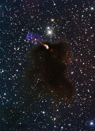 This image from ESO's New Technology Telescope at the La Silla Observatory in Chile shows the Herbig-Haro object HH 46/47 as jets emerging from a star-forming dark cloud. This object was the target of a study using ALMA during the Early Science phase.