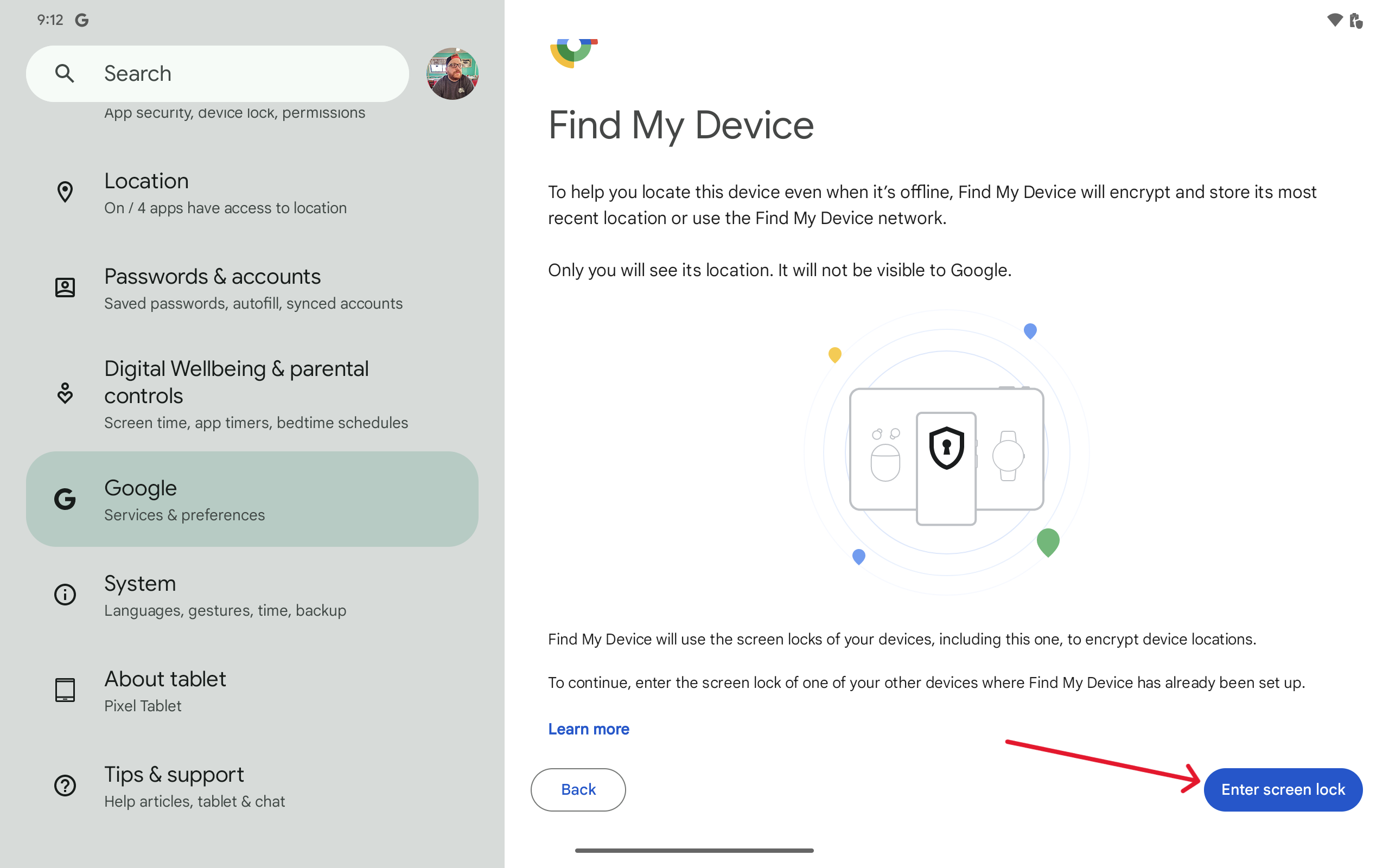Set up Find My Device on Pixel Tablet