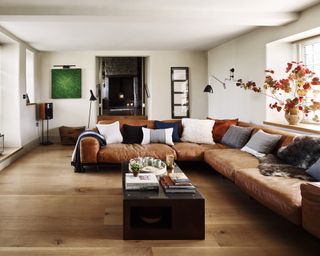 A living room with brown sofa idea with large leather corner sofa