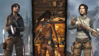 Lara Croft holding weapons in the Tomb Raider mobile port.