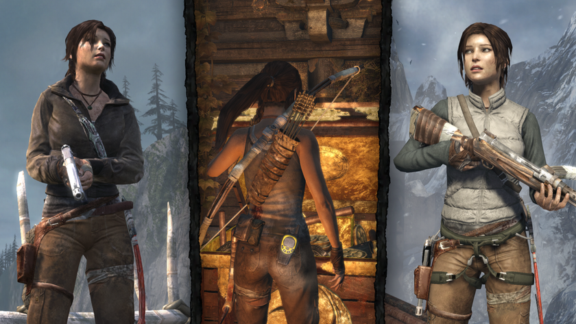 Lara Croft holding weapons in the Tomb Raider mobile port.