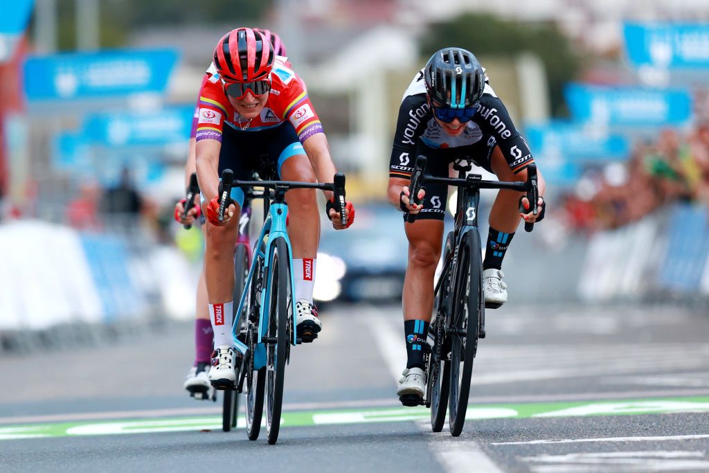 COLINDRES SPAIN SEPTEMBER 08 LR Elisa Longo Borghini of Italy and Team Trek Segafredo Red Leader Jersey and Liane Lippert of Germany and Team DSM Women sprint to cross the finishing line during the 8th Ceratizit Challenge By La Vuelta 2022 Stage 2 a 1059km stage from Colindres to Colindres CERATIZITChallenge22 UCIWWT on on September 08 2022 in Colindres Spain Photo by Gonzalo Arroyo MorenoGetty Images
