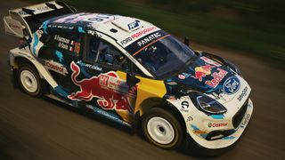 Promotional screenshot of a race car in EA Sports WRC