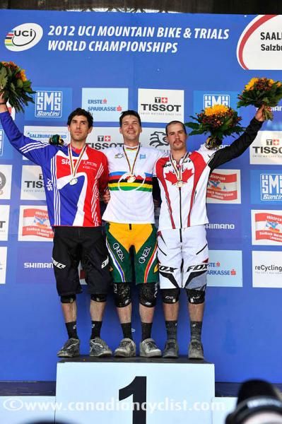 Elite Men's podium: Gee Atherton (Great Britain), Greg Minnaar (South Africa), Steve Smith (Canada)