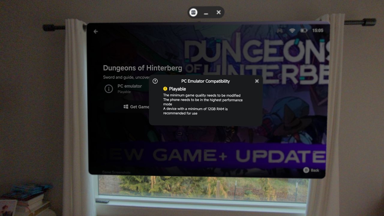 Playing Steam games with the GameHub app, running in Android XR on a Samsung Galaxy XR headset