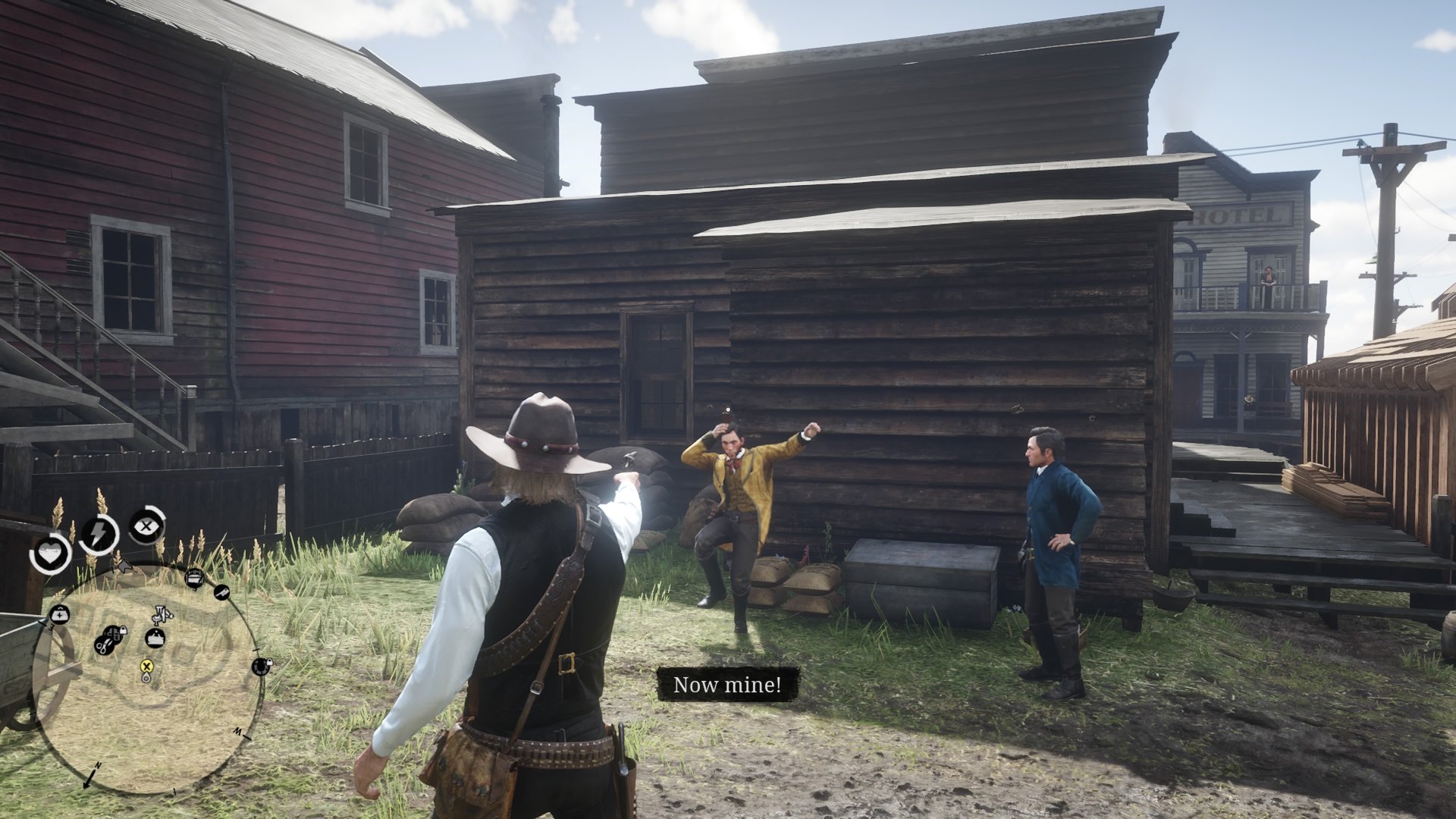 Red Dead Redemption 2 screenshot of Arthur aiming to shoot a small bottle off of the head of a man in a yellow suit who balances on one leg