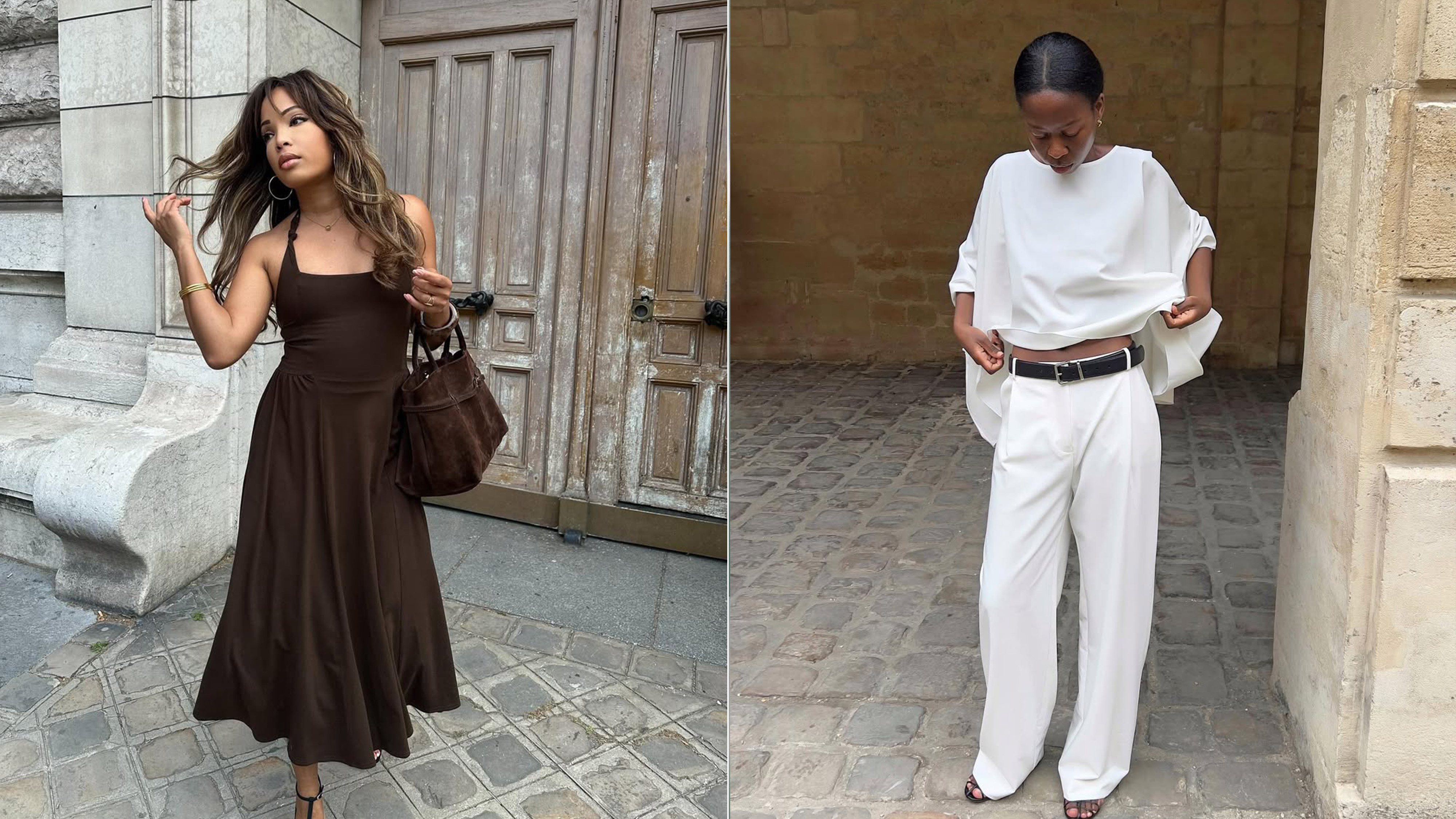 Collage of women wearing monochrome outfits.