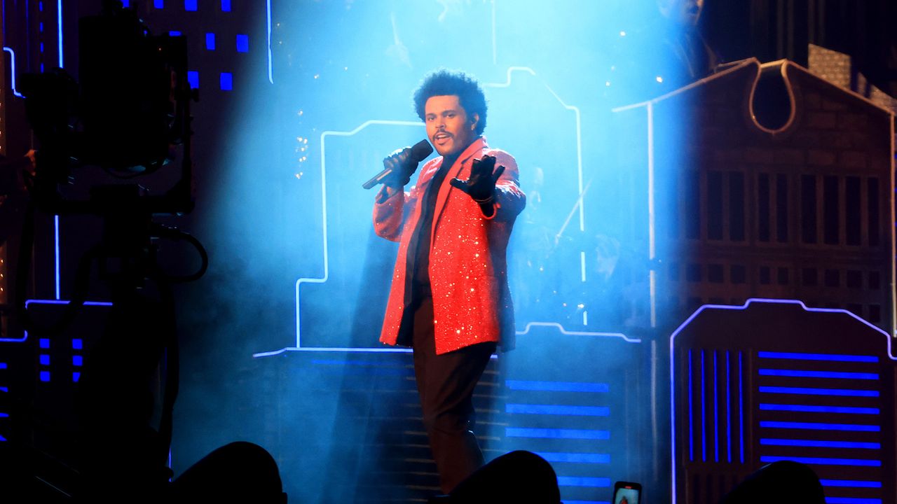 The Weeknd performs during the Pepsi Super Bowl LV Halftime Show at Raymond James Stadium on February 07, 2021 in Tampa, Florida. (Photo by Mike Ehrmann/Getty Images)