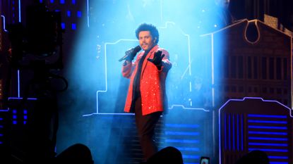 TAMPA, FLORIDA - FEBRUARY 07: The Weeknd performs during the Pepsi Super Bowl LV Halftime Show at Raymond James Stadium on February 07, 2021 in Tampa, Florida. (Photo by Mike Ehrmann/Getty Images)