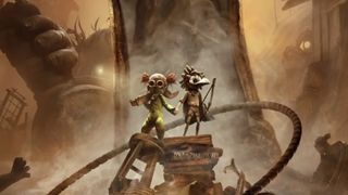 The two protagonists of Little Nightmares 3 stand atop a pile of books and other junk. One wears a bird skull as a helmet