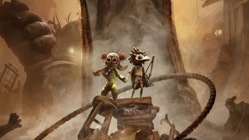 The two protagonists of Little Nightmares 3 stand atop a pile of books and other junk. One wears a bird skull as a helmet