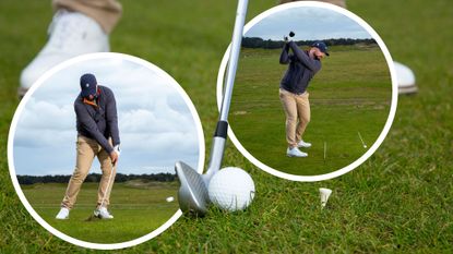 Peter Finch demonstrating two ball-striking drills, with a close up image of one drill focusing on compressing iron shots