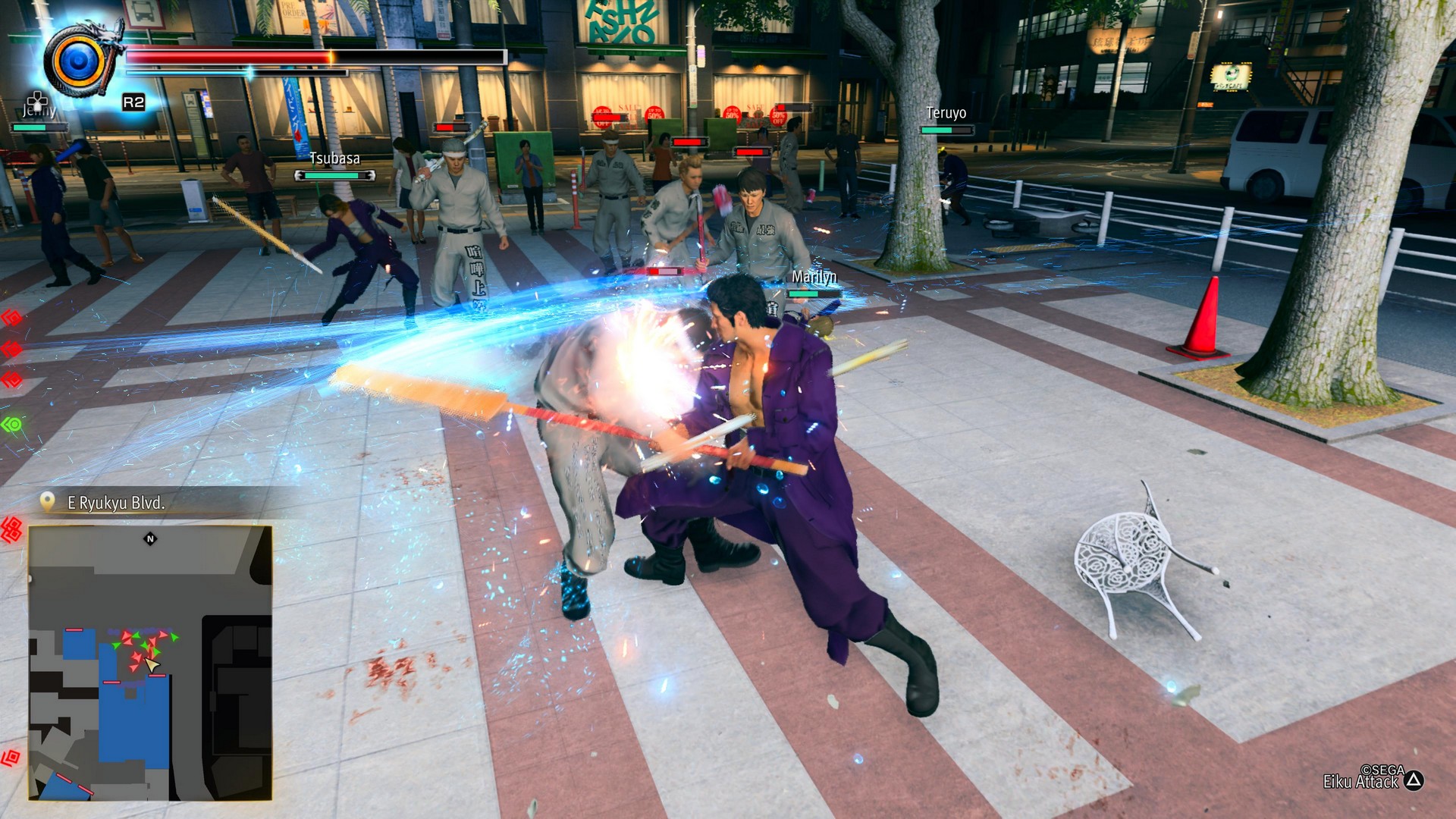 Kiryu swipes his paddle as enemies advance in Yakuza Kiwami 3 &amp;amp; Dark Ties