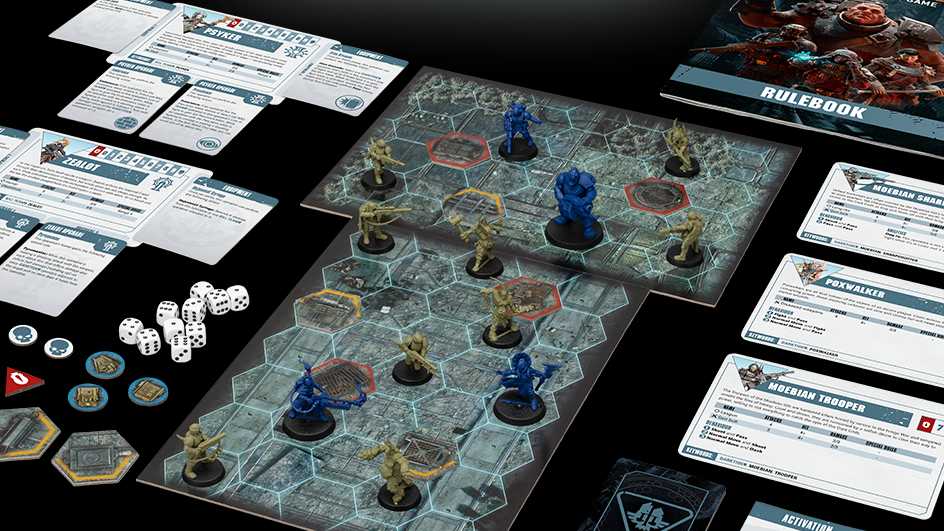 Miniatures on a board with stat cards laid out alongisde in the Darktide board game.