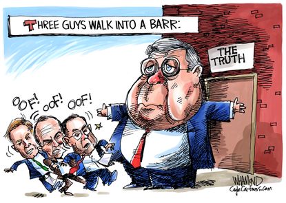Political Cartoon U.S. Three guys walk into a Barr