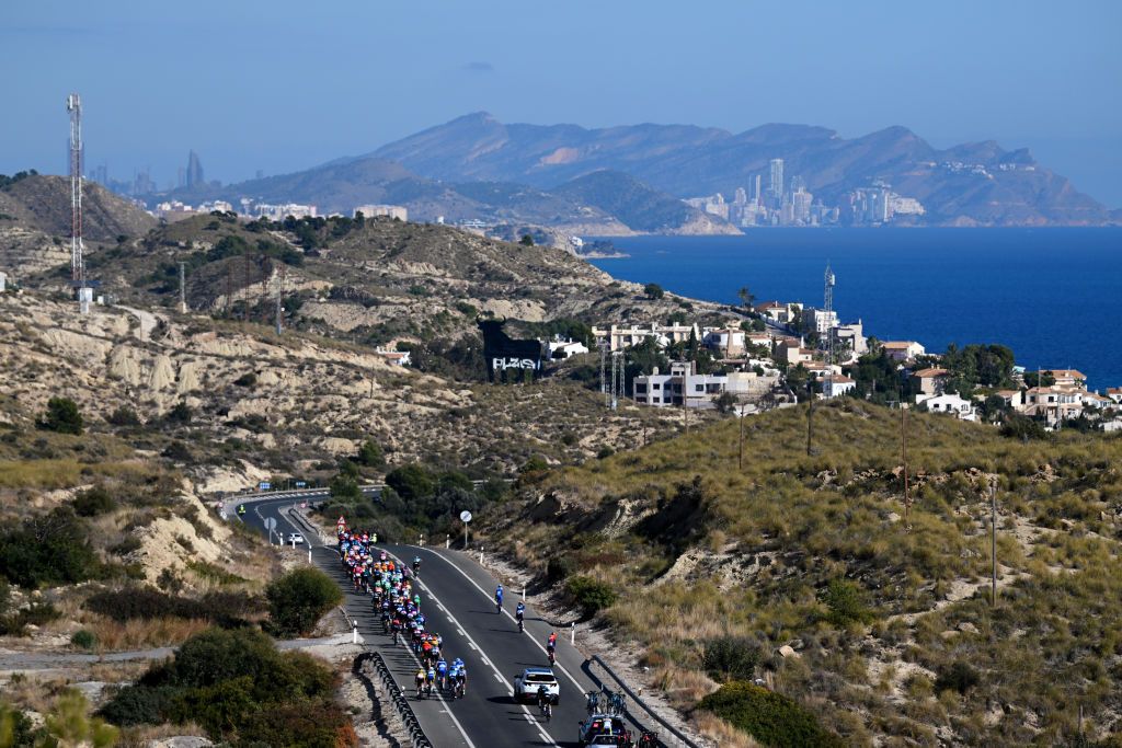 ALTEA SPAIN FEBRUARY 01 A general view of the peloton passing through a landscape during the 74th Volta a la Comunitat Valenciana 2023 Stage 1 a 1894km stage from Orihuela to Altea VCV2023 VoltaValenciana on February 01 2023 in Altea Spain Photo by Dario BelingheriGetty Images