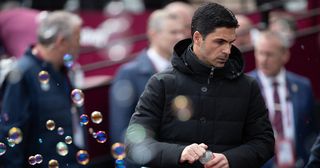Arsenal manager Mikel Arteta looks on during the Premier League match between West Ham United and Arsenal at the London Stadium, Stratford on Sunday 16th April 2023.
