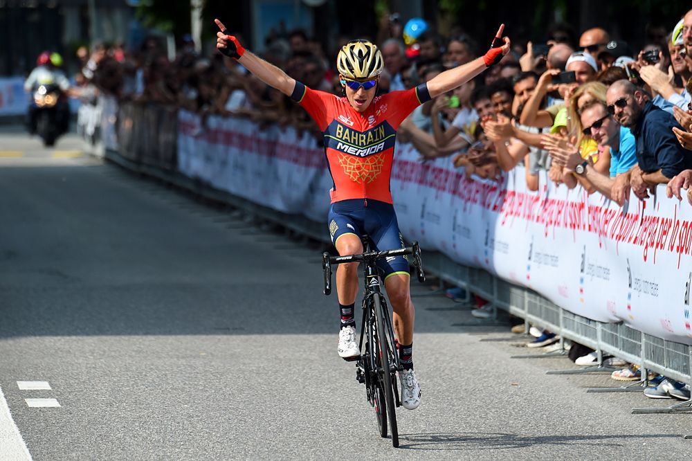 Hermann Pernsteiner (Bahrain - Merida) puts his arms up after winning GP Lugano 2018