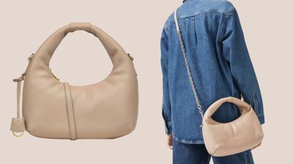 flay lay beige handbag + woman wearing handbag in denim