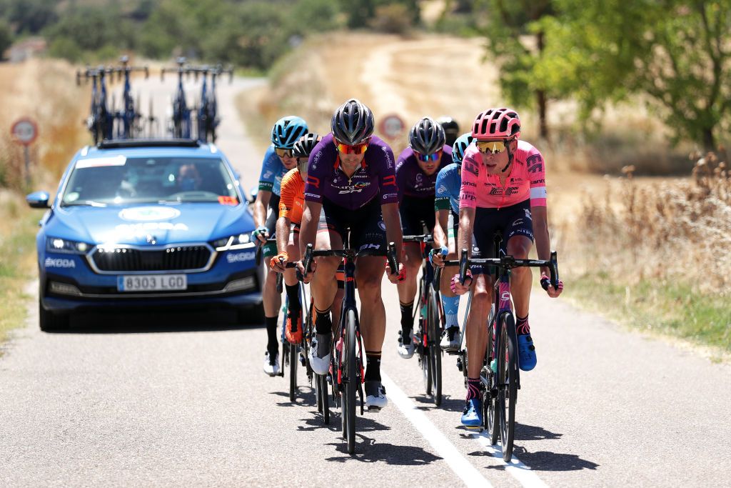 ARANDA DE DUERO SPAIN AUGUST 06 LR Diego Rubio Hernandez of Spain and Team Burgos BH Hugh Carthy of United Kingdom and Team EF Education Nippo in the Breakaway during the 43rd Vuelta a Burgos 2021 Stage 4 a 149km stage from Roa to Aranda de Duero VueltaBurgos BurgosCycling CapitalMundialdelCiclismo on August 06 2021 in Aranda de Duero Spain Photo by Gonzalo Arroyo MorenoGetty Images