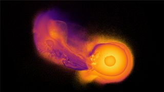 A frame from a high-resolution simulation of what could have happened when the planet Uranus was hit by another large celestial object.