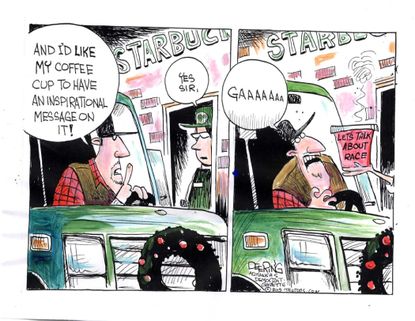 Editorial cartoon U.S. Starbucks Christmas Race