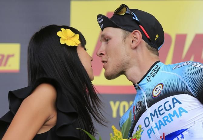 Matteo Trentin (Omega Pharma-Quickstep) on the podium in Lyon