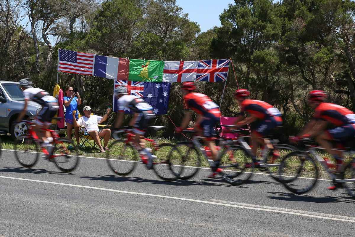 An international fan set up on the road side