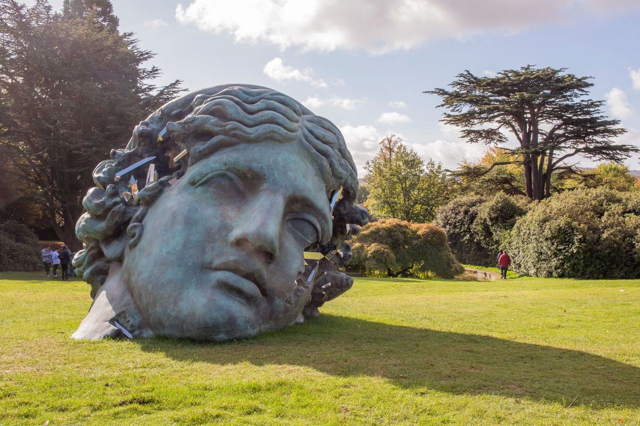 sculpture of woman&#039;s head lying in field by Daniel Arsham 