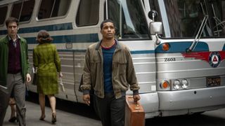 Rome Flynn as Frank Lucas arriving on bus in Godfather of Harlem season 4