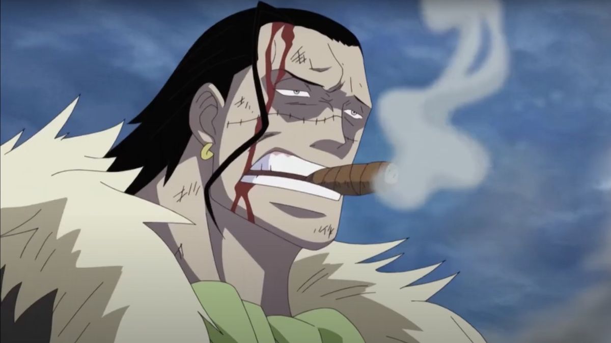 Crocodile smoking cigar while looking at Mihawk during One Piece&#039;s Marineford arc