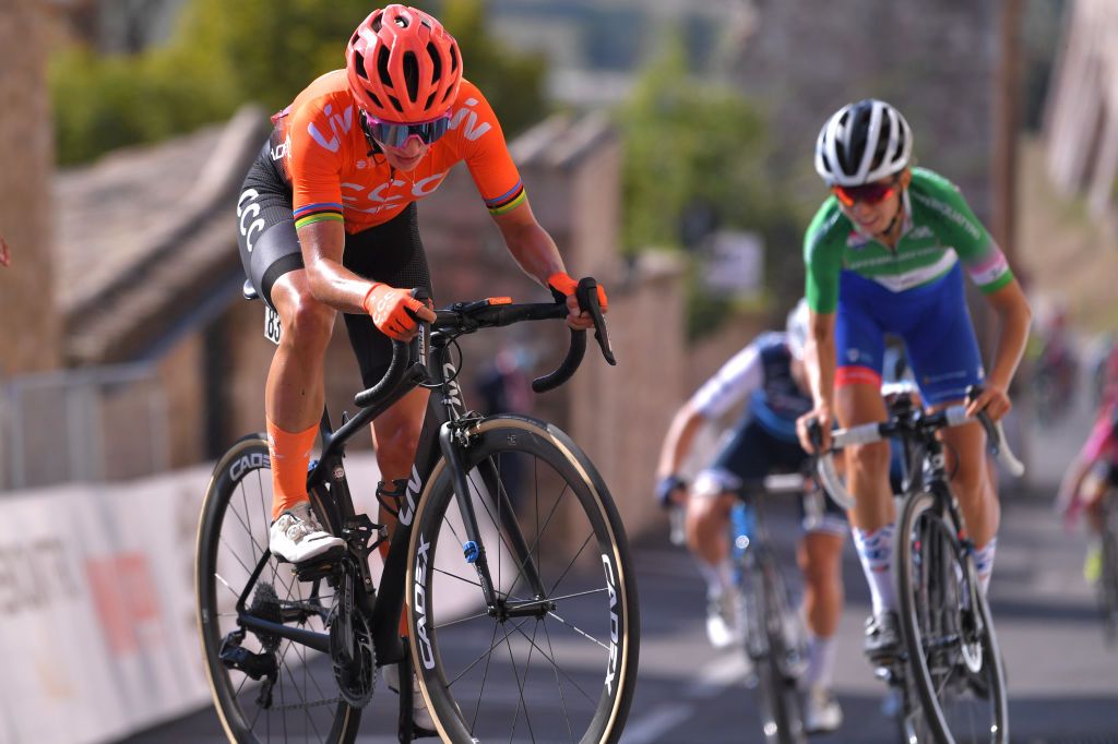 ASSISI ITALY SEPTEMBER 13 Arrival Marianne Vos of The Netherlands and Team CCC Liv Cecilie Uttrup Ludwig of Denmark and Team FDJ Nouvelle Aquitaine Futuroscope Green Mountain Jersey during the 31st Giro dItalia Internazionale Femminile 2020 Stage 3 a 1422km stage from Santa Fiora to Assisi 413m GiroRosaIccrea GiroRosa on September 13 2020 in Assisi Italy Photo by Luc ClaessenGetty Images