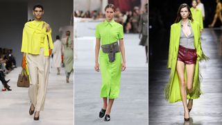 Three models wearing the fashion colour trends 2024, acid brights