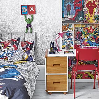 kids bedroom with marvel theme with grey flooring and study table