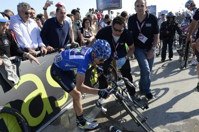 Mountains classification leader Giovanni Visconti (Movistar) was involved in a big crash that brought the peloton to a standstill with 31km to go