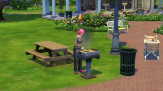 The Sims 4 - a pink haired sim grills a meal on a park grill outside