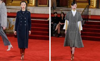 2 Models wearing navy blue long coat, spotted long dress