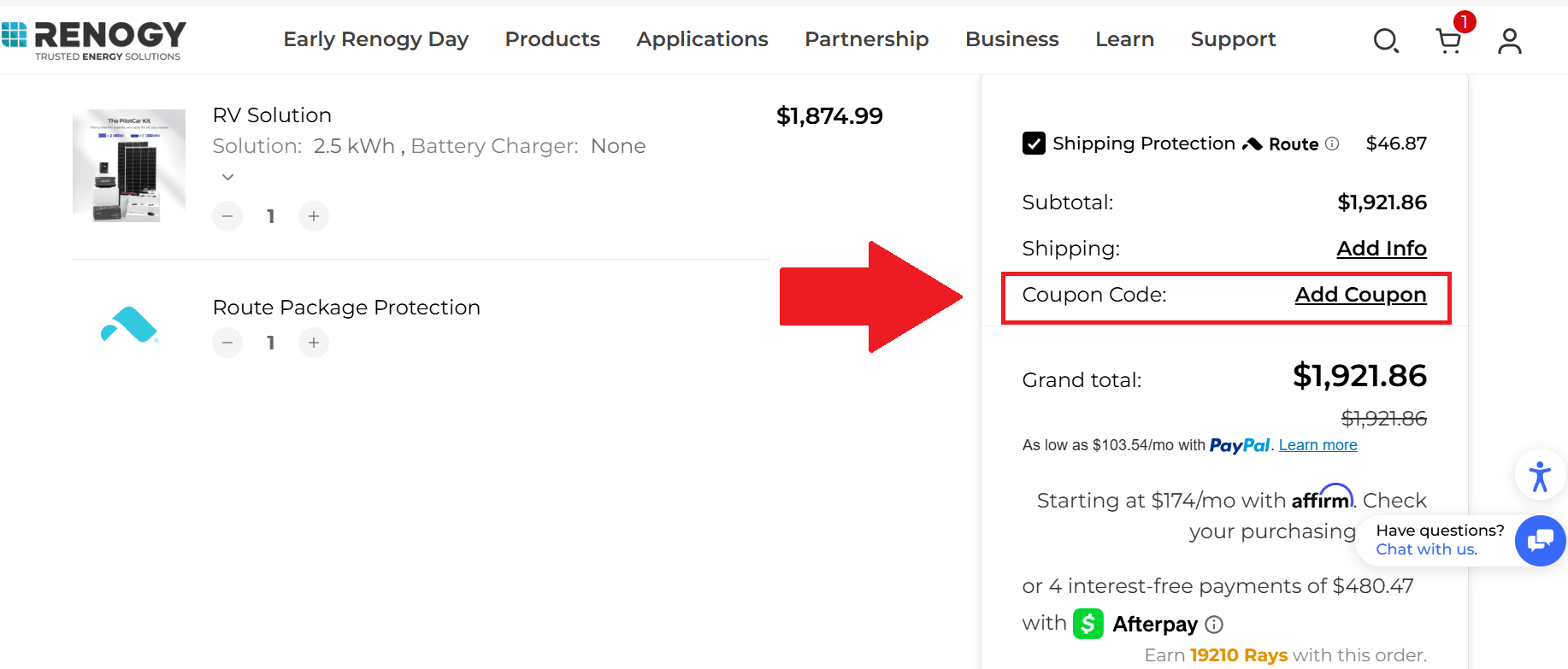 A screenshot showing the Renogy checkout page and where to enter a coupon code