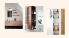 collage of three bathroom storage ideas showing folded towels, ordered shelves and a tidy cabinet to show a fast bathroom declutter – how to declutter a bathroom efficiently