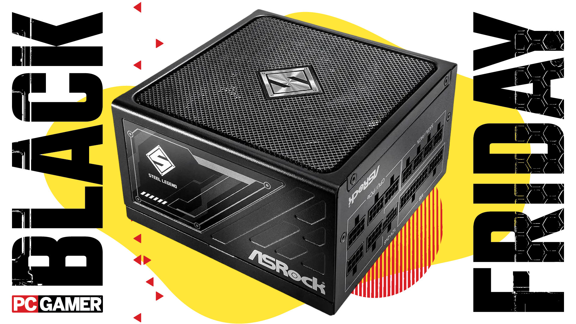 An image showing an ASRock Steel Legend SL-1000G power supply unit against a colorful background, with a set of Black Friday and PC Gamer logos on the sides